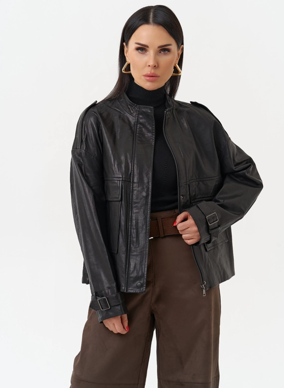 Женская куртка-рубашка из натуральной кожи  прямого силуэта