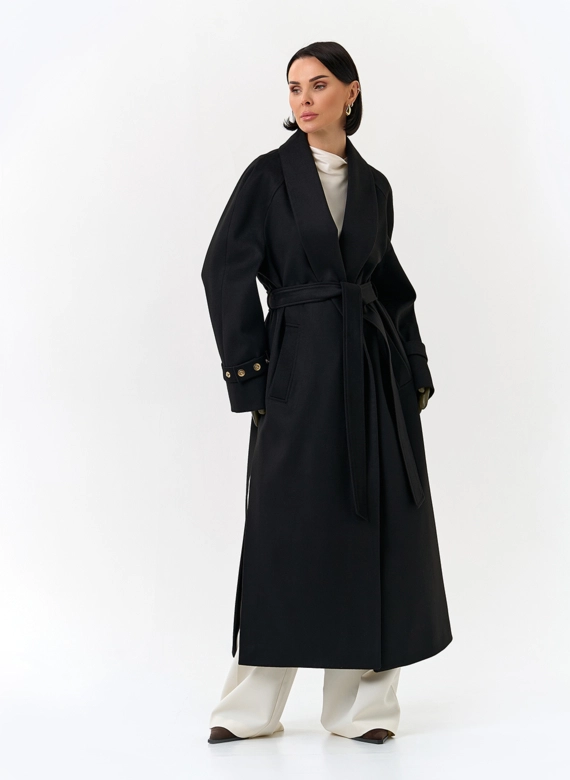 Женское длинное пальто с поясом фото
