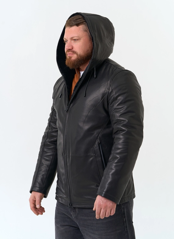 Мужская натуральная дубленка с капюшоном фото