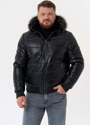 Пуховик из эко кожи черного цвета 