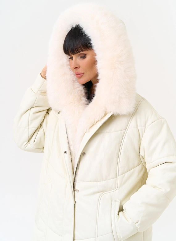 Женский пуховик из эко кожи со съемным эко мехом фото